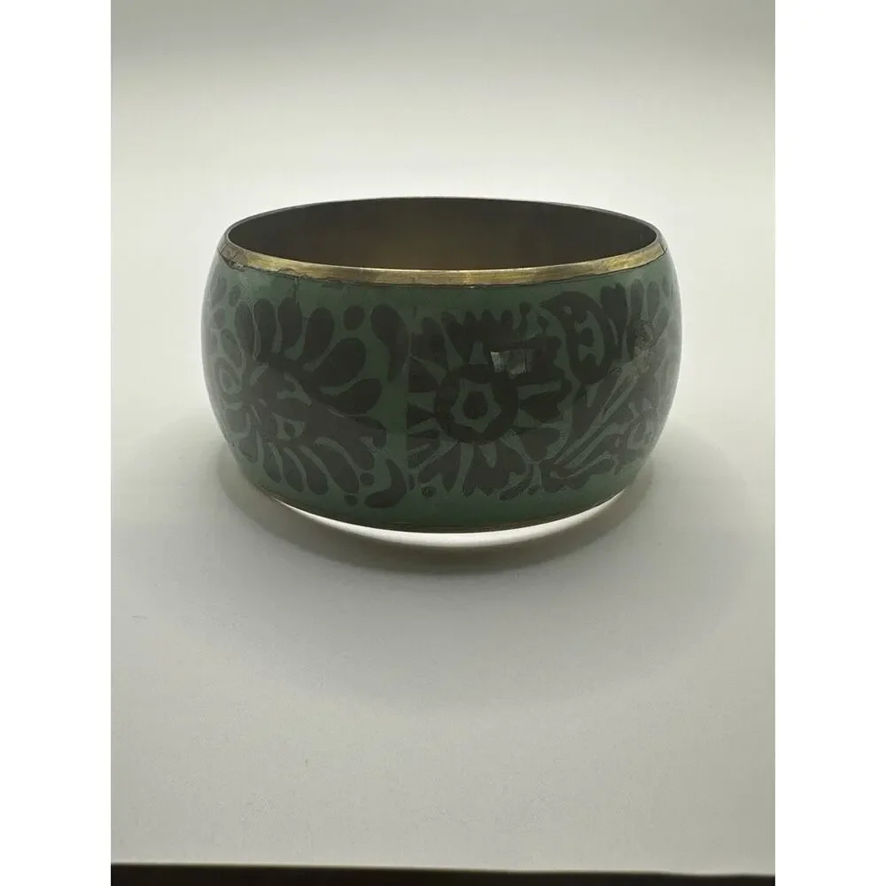 Vintage Floral Green Enamel Brass Bangle Bracelet Size 8